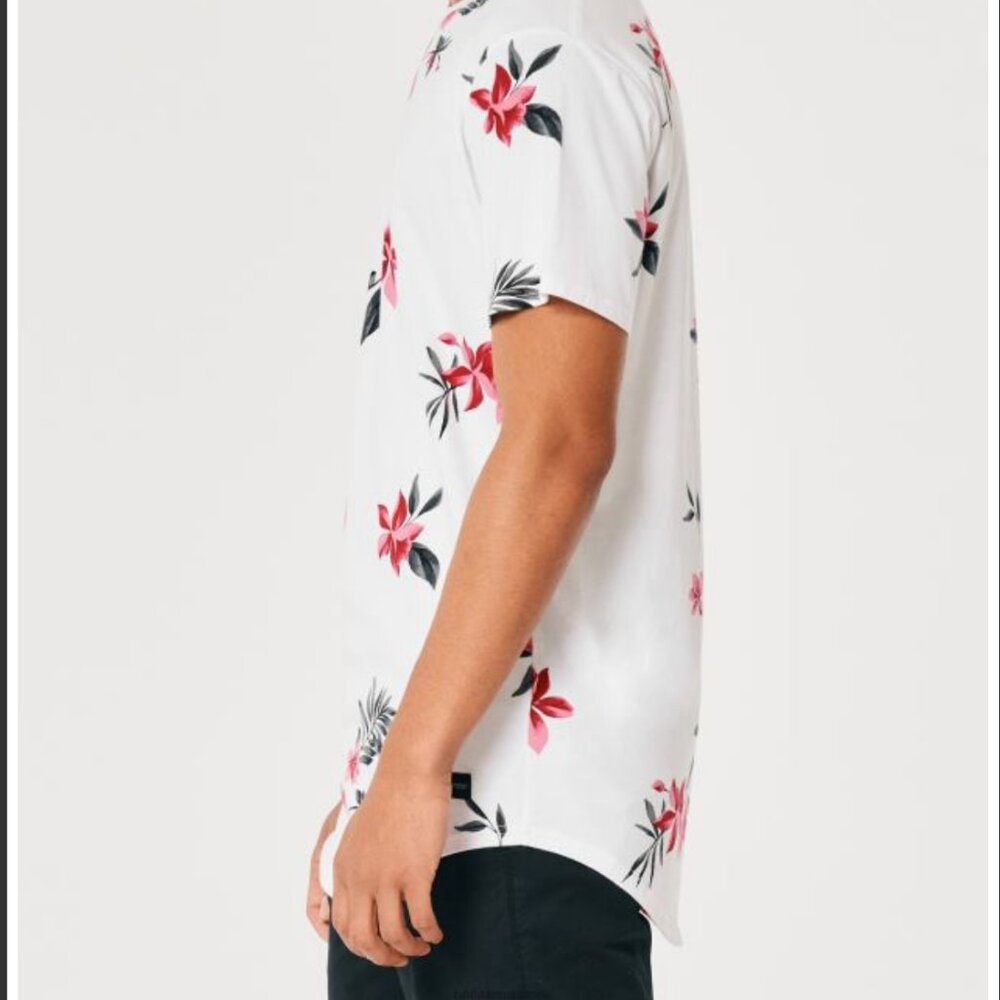 Hollister Men Longline Curved Hem Floral Pattern White Short Sleeve T-Shirt - XS - Picture 3 of 10